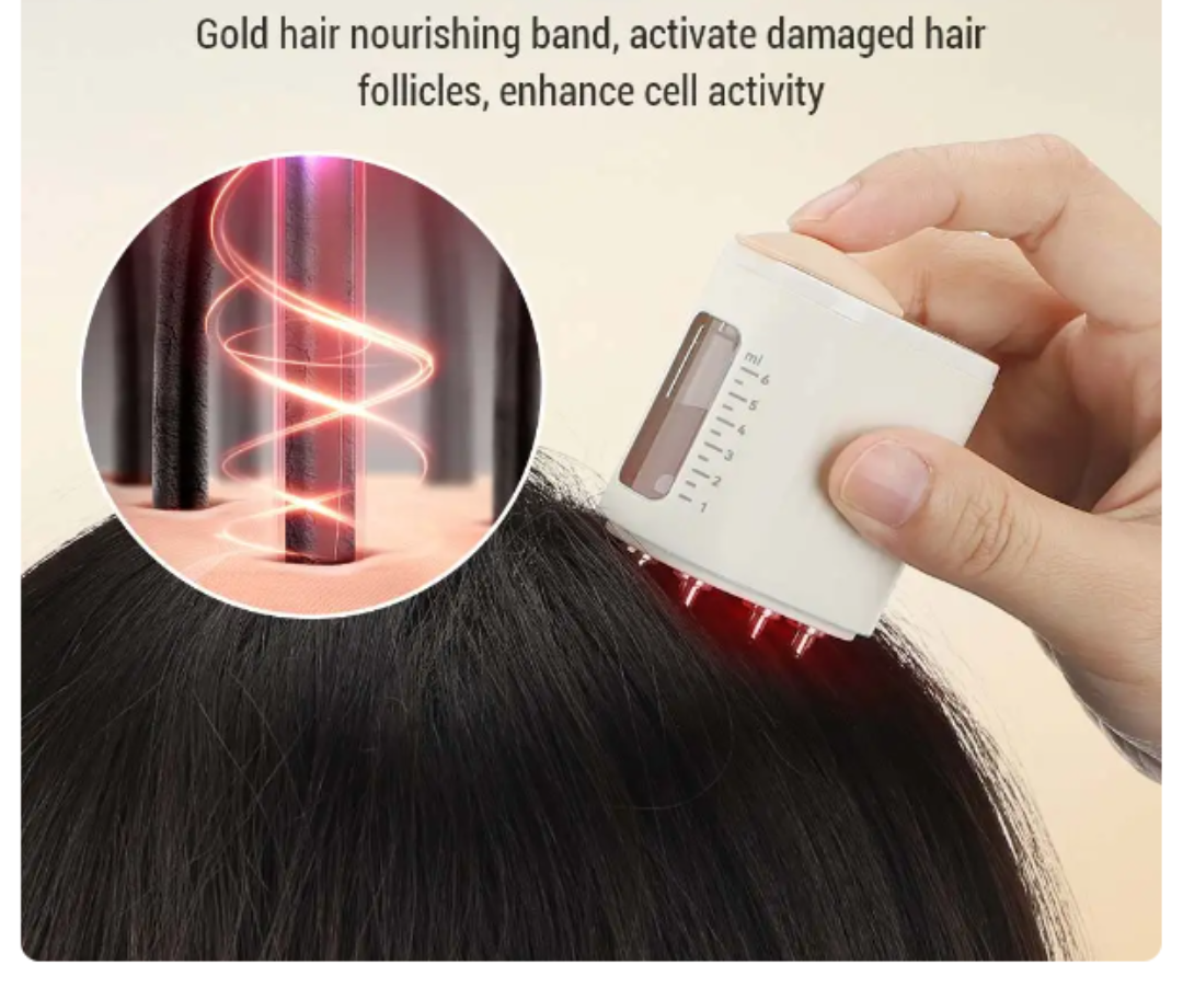 Hand using a hairbrush on dark hair with text about gold hair nourishing band effects.